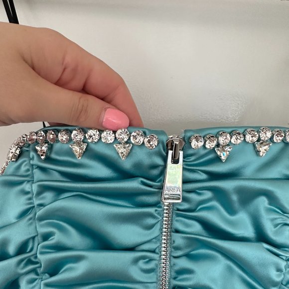 NWT Area Strapless Mini Dress Sz 2 Turquoise Crystal-Embellished Ruched Bodice - Picture 9 of 13